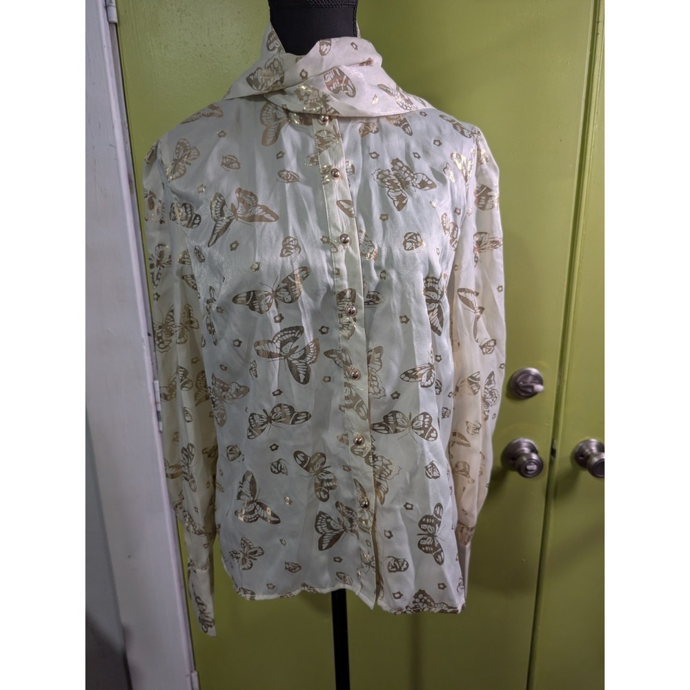 Y2K Inspired Butterfly Print Satin Blouse Gold Metallic Scarf Tie Medium